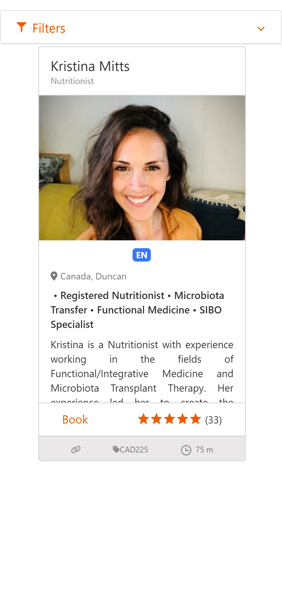 A practitioner profile with star rating, review count and a Book button