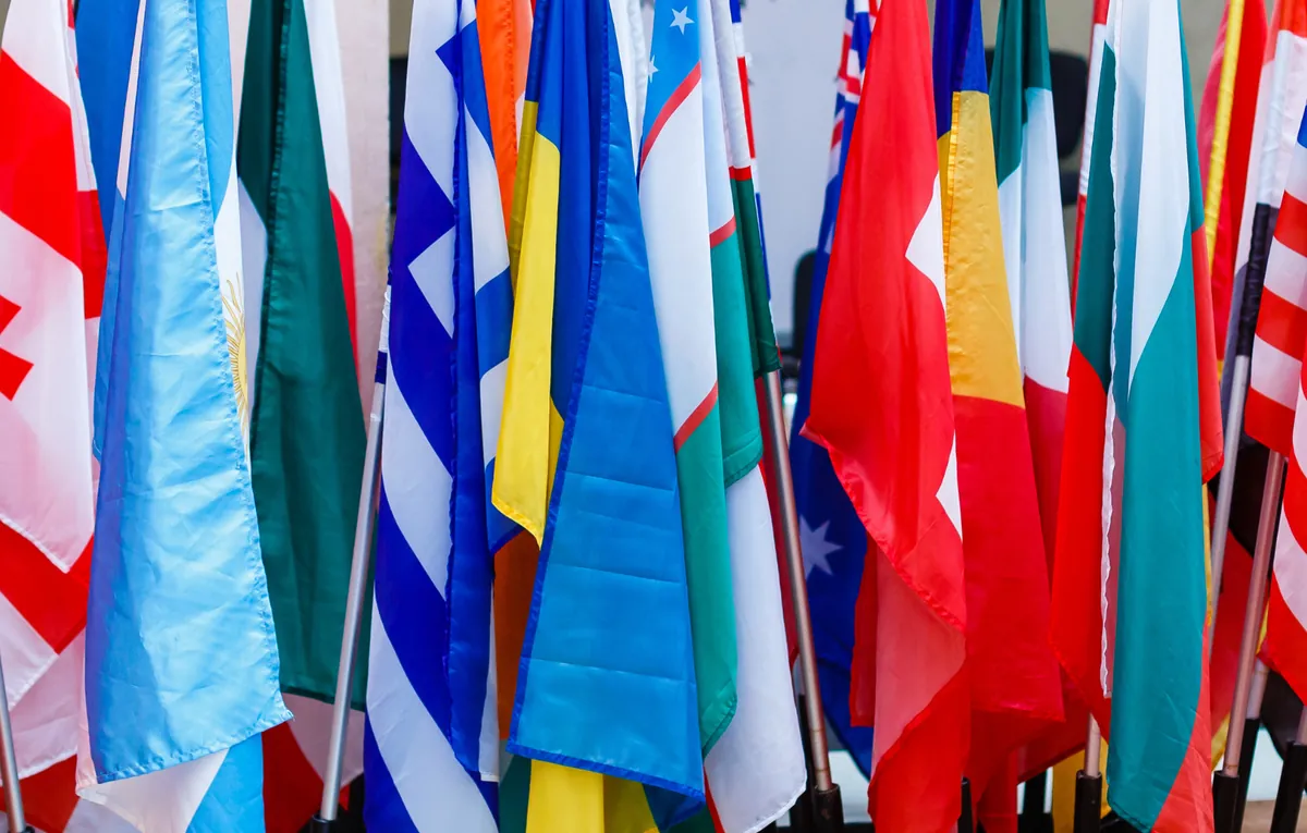 A row of national flags from many countries