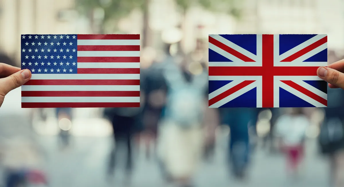 Two hands holding up a United States flag and a United Kingdom flag